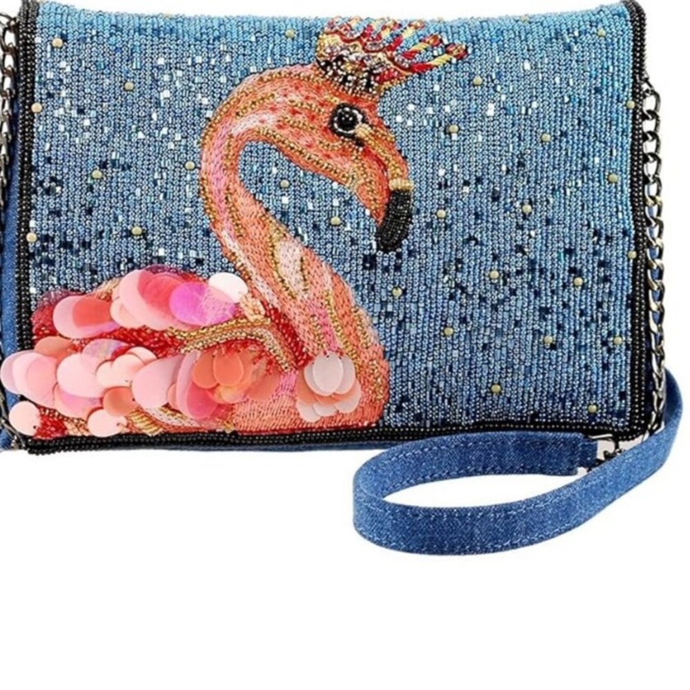MARY FRANCES Queen Flamingo Embellished Denim Novelty Handbag